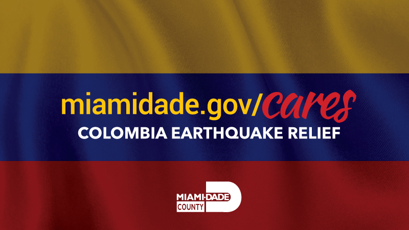 graphic in the colors of the Colombian flag (yellow, blue, red) promoting Colombia earthquake relief