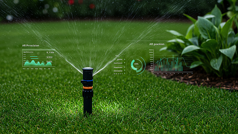 Smart sprinkler system watering lush green lawn, showcasing modern technology for efficient water ma