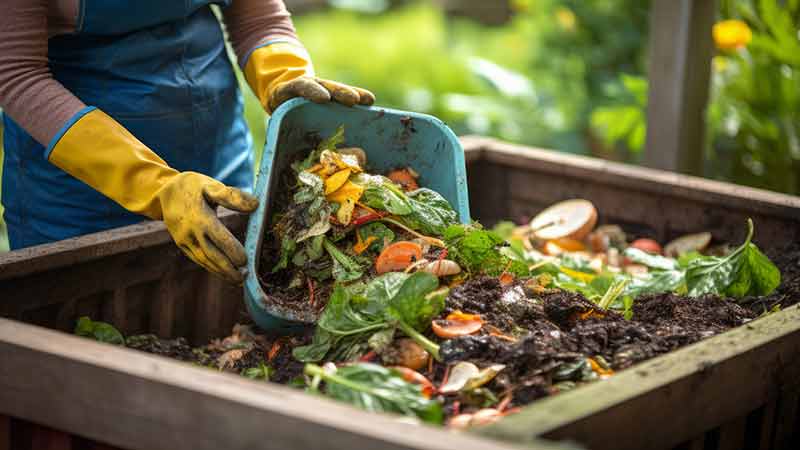 Image of person adding greens to compost pile