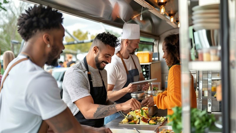 photo of people preparing and serving food