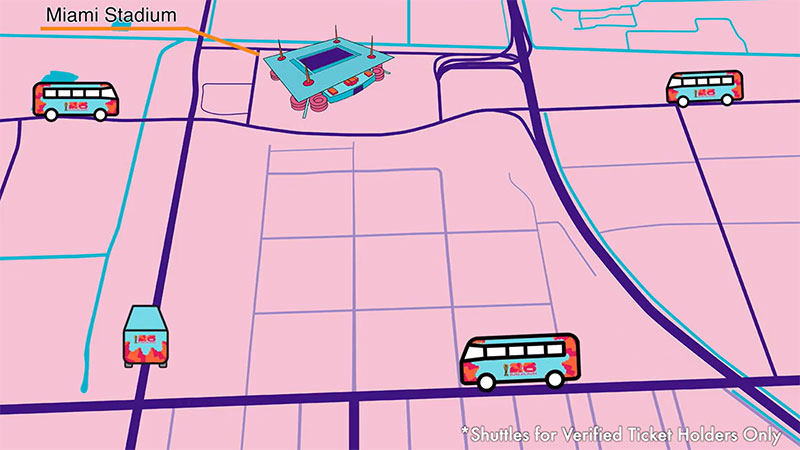 graphic illustrations of shuttle buses and the stadium