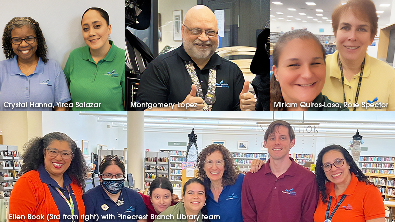 from left to right: crystal hanna, yirca salazar, montgomery lopez, miriam quiros-laso, rose spector, ellen book (3rd from right) with Pincrest Branch Library team