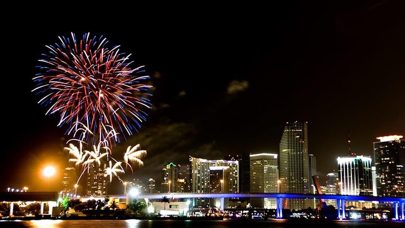 fireworks over Miami skyline