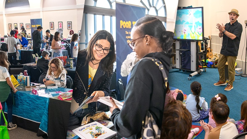 A woman and child speaking to an author